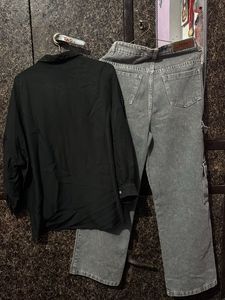 Stylish Black Shirt &amp; Grey Cargo Jeans Set