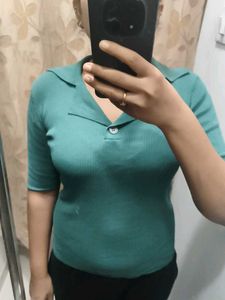 Teal Ribbed Collared Knit Top