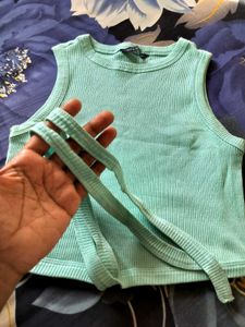 Mint Green Ribbed Tie-Front Crop Top