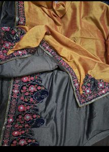 Embroidered Yallow and charcoal Saree
