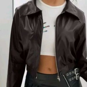 Brown Faux Leather Cropped Jacket