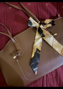 Chic Brown Tote Bag with Scarf Accent