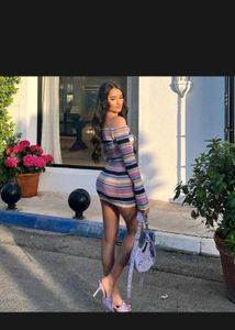 Striped Knit off shoulder Mini Dress