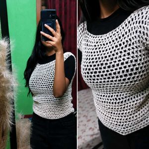 Cream Crochet Net Top