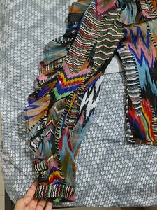 Boho Pattern Ruffle Long Sleeve  mesh Top