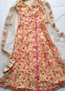 Very Beautiful Heavy Work Golden Gown With Shrug
