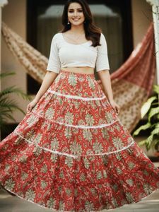 Boho Red Floral Tiered Maxi Skirt
