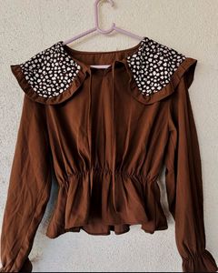 Brown Blouse with Floral Peter Pan Collar