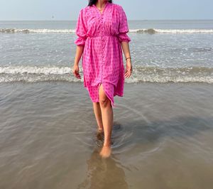 Vibrant Pink Printed Button-Up Midi Dress