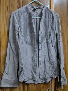 Stylish Grey Pleated Button-Up Shirt