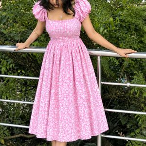 🌸 New Pink Floral Puff Sleeve Midi Dress