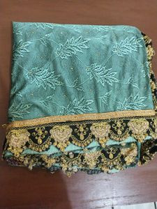 Elegant Black &amp; Mint Green Embroidered Saree