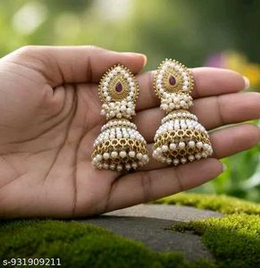 Exquisite Pearl &amp; Stone Jhumka Earrings