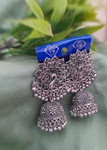 Oxidised Silver Jhumka Earrings (Set of 2 Pairs)