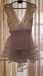 Ivory Lace bodice short dress with trail hem
