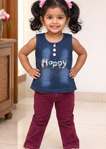 Kids "Happy" Denim Top &amp; Burgundy Pants Set