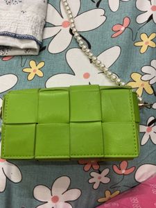 Vibrant Green Woven Clutch Bag with Pearl Strap