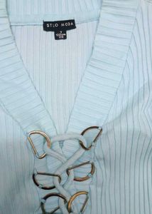 Light Blue Lace-Up V-Neck Top