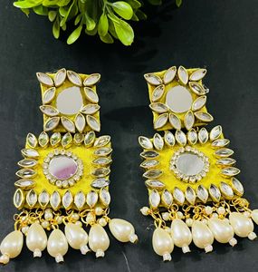 Fancy Party Wear Fabric Earrings Colours Green