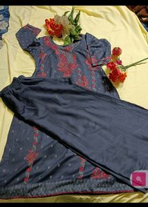 Embroidered Dark Blue Kurti with Stall