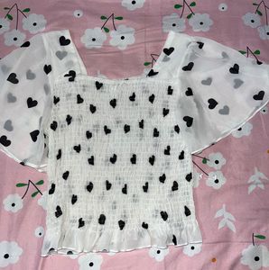 Heart Print Shirred Flutter Sleeve Top