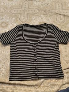 Madame Stripped Button-Up Cropped Top