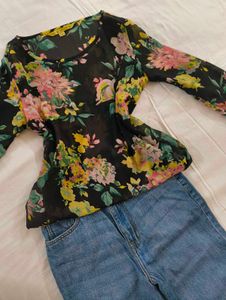 Sheer Floral Print Long Sleeve Top