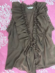 Elegant Brown Ruffled Sleeveless Top