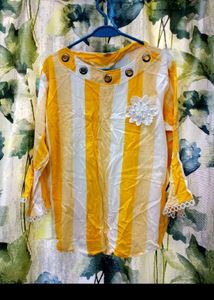 Chic Yellow & White Striped Top with Flower Accent