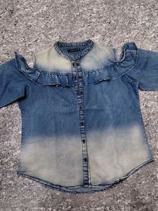 Denim Ruffled Button-Down Shirt