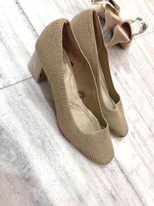 Chic Beige Knit Block Heels