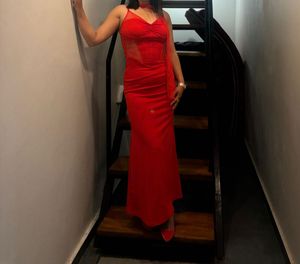 Elegant Red Lace Corset Maxi Dress