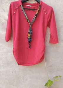 Chic Coral Top with Boho Tie-Neck & Gold Button De