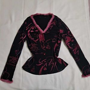 Y2k Vintage 2000s Hollywood Graphic Print Fur Top