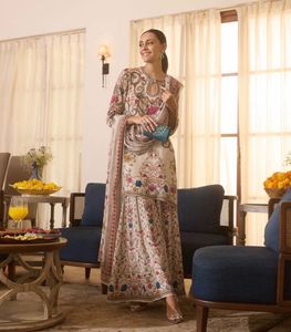 Champagne Gold Printed Crepe Silk Sharara Set