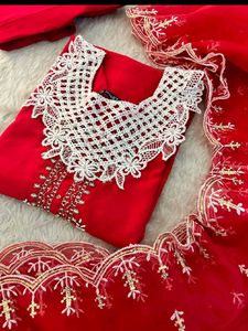 Red Kurta Set with Intricate White Lace Neckline