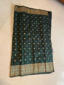 Elegant Dark Green Saree with Gold Polka Dots