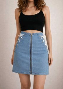 Blue Denim Lace-Up Mini Skirt