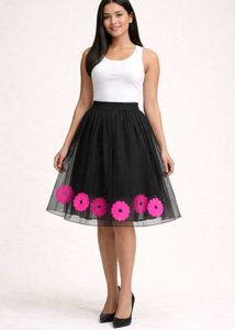 Black Tulle Skirt with Pink Flowers