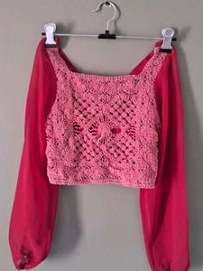 Crochet Crop Top with Sheer Sleeves