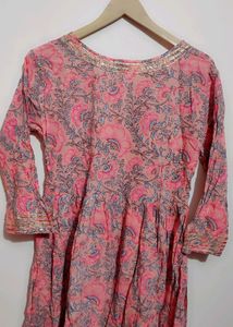 Pink Floral Print Anarkali Long Kurti
