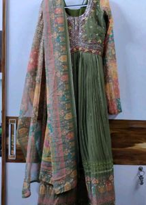 Olive Green Embroidered Anarkali Gown