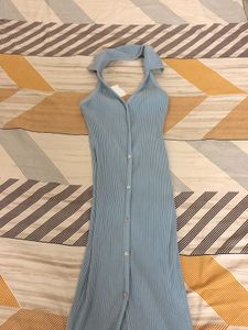 Light Blue Ribbed Halter Dress