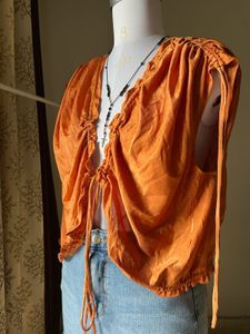 Orange Ruched Tie-Front Top