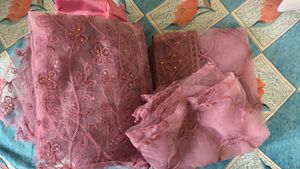 Pink Floral Embroidered Net UnStitched Suit