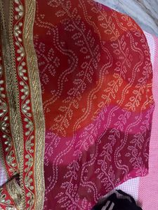 Red Bandhani Designer Saree with Gold Blouse