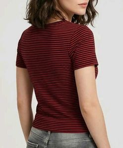 Striped V-Neck Button T-Shirt