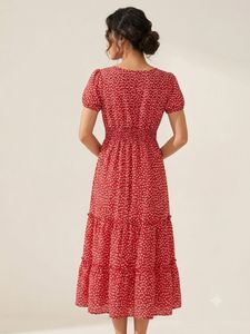 Red Floral Midi Dress with Ruffles