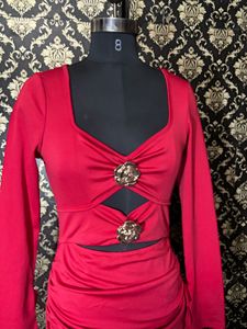 Red Ruched Bodycon Dress with Side Slit