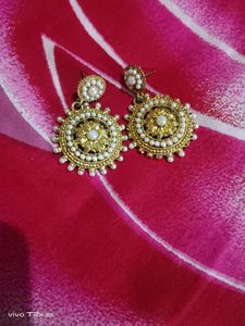 Exquisite Pearl &amp; Gold Tone Jhumka Earrings